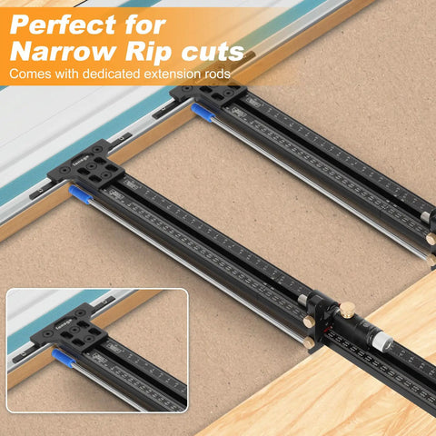 Precision Track Saw Parallel Guide System Featuring Micro Adjustable Flip Stop And Zero Calibration Fence For Exact 0.001 Inch Rip Cuts with extension rods