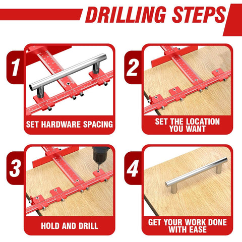 Time Saving Cabinet Hardware Jig Kit With Dual 32 Inch And 16 Inch Sizes Detachable Auto Center Punch Aluminum Cabinet Handle Template Drill Guide Drawer Pull Jig for Easy Knob or Handle Installations showing step-by-step drilling process with red jig on wooden board.