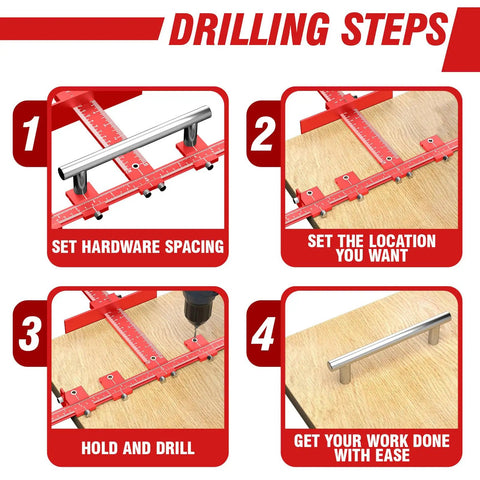 Premium Extended Cabinet Hardware Jig Kit For 32 Inch And 16 Inch Drawers With Heavy Duty Aluminum Build To Speed Up Installations Without Measuring Hassle For Easy DIY Remodeling Projects Right Now, red aluminum drilling steps