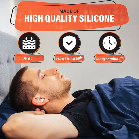 Man sleeping with Reusable Sleep Ear Plugs With 40 dB Noise Reduction For Sleeping, Premium Silicone Earplugs visible