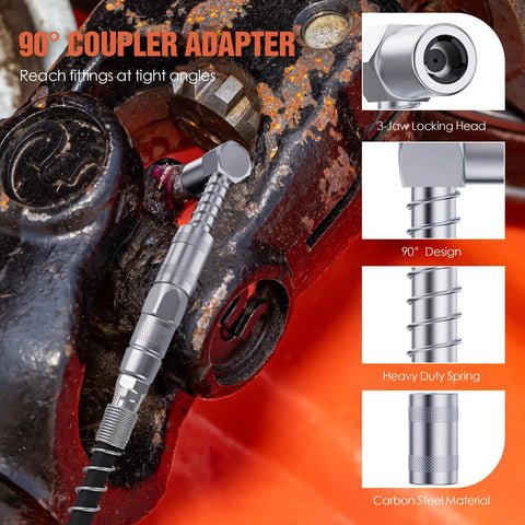 Pro Grade All In One 8 Piece Grease Gun Accessory Kit With Quick Release Coupler 90 degree adapter in use on machinery