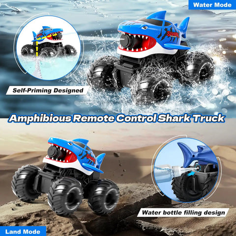 Gesture Sensing Amphibious RC Monster Truck With Water Sprayer 4WD 1 To 16 Scale All Terrain Waterproof Shark Tank Pool Toy in water and on land