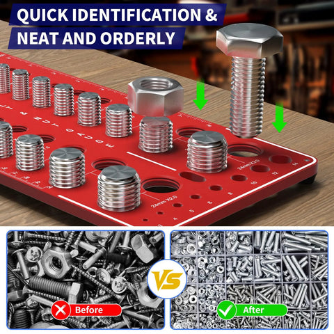 Front view of a red wall-mount bolt size and thread gauge with stacked metal bolts and nuts