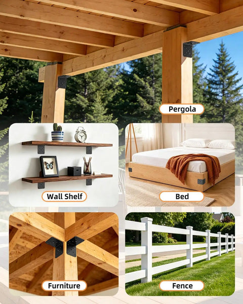 Heavy Duty 4x4x3.5 Black L Brackets For Pergolas 16 Pack 4mm Thick Carbon Steel shown on pergola, shelf, bed, furniture, and fence.