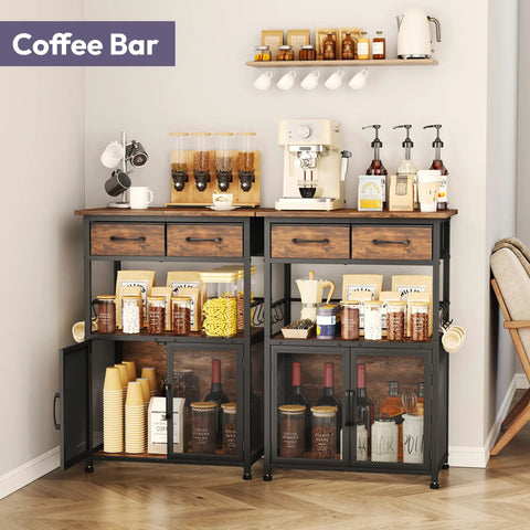 Go To Coffee Bar Cabinet With Drawers And Hooks, 20.47 Inch Wide Kitchen Storage Station with mesh doors and open shelves in corner
