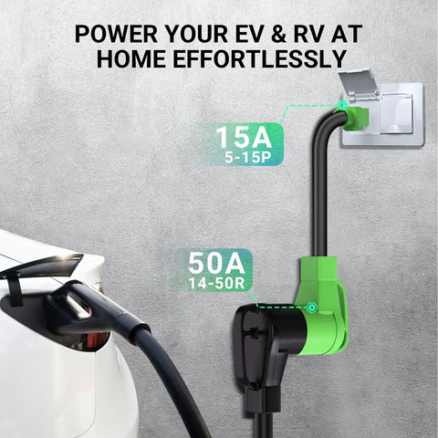 Heavy Duty NEMA 5-15P to 14-50R Adapter Cord Top Shelf Grip for Level 1 EV Chargers connecting to EV charger.