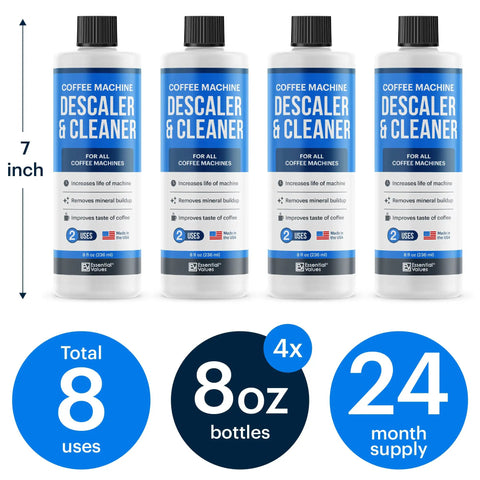 Universal Descaling Solution For Coffee Makers And Espresso Machines Deep Cleans Limescale From Keurig Nespresso Breville And More Eight Uses Descaler Cleaner For All Automatic Coffee Makers with 4 bottles, 8 uses total.