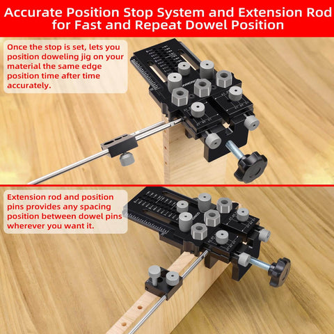 Dowel Jig Kit with Quick Positive Stop and Clamp on wood, showing drill guide and bushings for precise doweling.