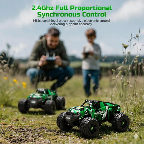 One Eighteen Scale All Terrain 4x4 RC Monster Truck Cranks 36 KPH With Serious Off Road Power in a grassy field