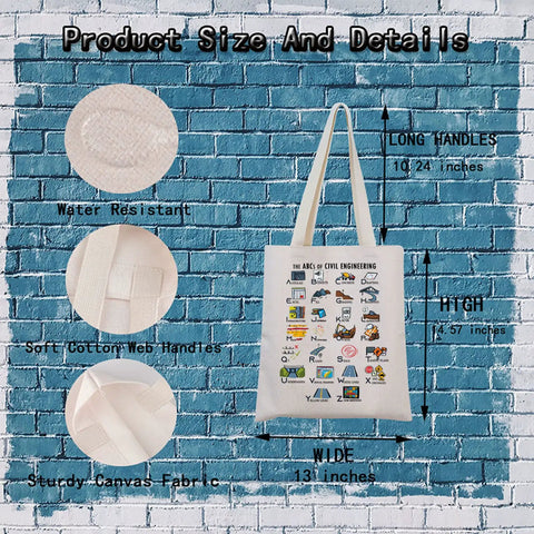 Civil Engineer Alphabet Tote Bag The ABCs Of Civil Engineering Gift For Female Engineers Graduation Present Durable Canvas Tote With Sturdy Straps Waterproof And Reusable Everyday Carryall with product details and size on blue brick background.