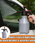 Heavy Duty Two Liter Hand Pump Foam Sprayer For Car Washing And Mobile Detailing Built From Tough As Nails Plastic and Chemical Resistant Valves For Quick And Easy Rinse Off spraying foam on car window.