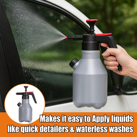 Heavy Duty Two Liter Hand Pump Foam Sprayer For Car Washing And Mobile Detailing Built From Tough As Nails Plastic and Chemical Resistant Valves For Quick And Easy Rinse Off spraying foam on car window.