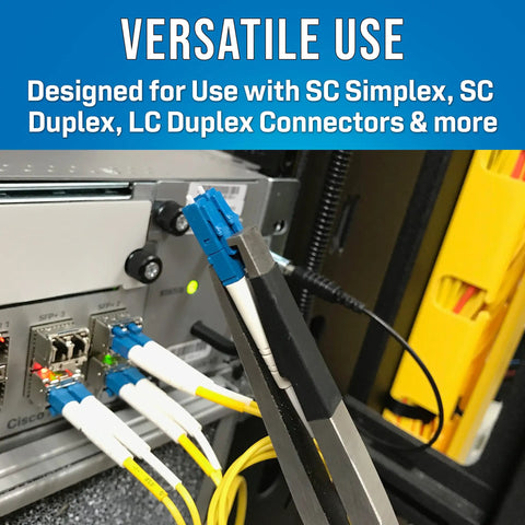 Fiber Optic Inserting And Extracting Tool With Bent Nose Jaw gripping LC Duplex connector in high density patch panel.