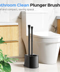 Heavy Duty Stainless Steel Toilet Plunger And Bathroom Brush Set Rustproof Hassle Free Cleanup With Rock Solid Weighted Stand For Home Boat Or Rv Projects Total Game Changer Two Piece Bundle in compact black holder next to white toilet.