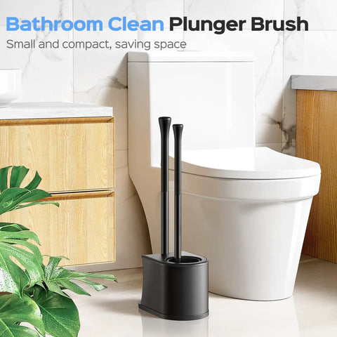 Heavy Duty Stainless Steel Toilet Plunger And Bathroom Brush Set Rustproof Hassle Free Cleanup With Rock Solid Weighted Stand For Home Boat Or Rv Projects Total Game Changer Two Piece Bundle in compact black holder next to white toilet.