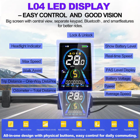Big Screen E Bike LCD Display With Bluetooth App Control For Bafang UART Mid And Hub Motors So You Can Plug In And Go 36V 48V 52V Compatible Separate Keypad 5 Pin M5 Connector UART Protocol