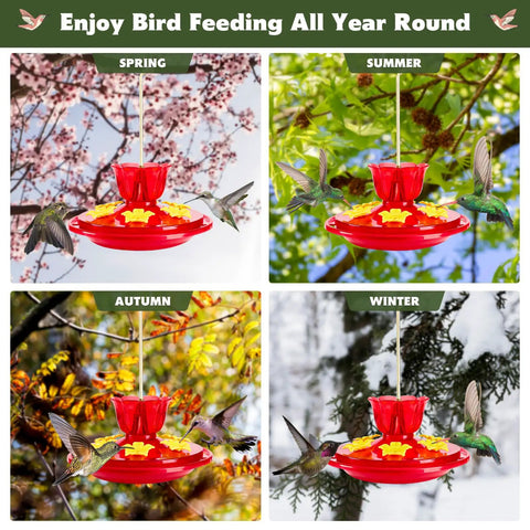 Two Pack 7 Oz Hummingbird Feeders For Outdoors Hangin Ant And Bee Proof With 6 Feeding Ports And Perches Built In Ant Moat shown in spring, summer, autumn, winter settings