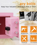 Pink Mini Safe Box With Code And Keys, open view showing anti-pry bolts and interior, 0.236 Cubic Feet, for home or office use.