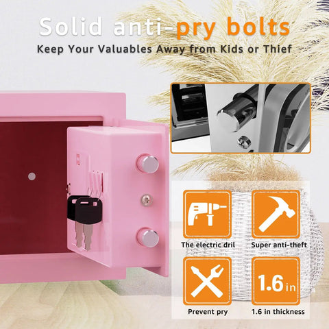 Pink Mini Safe Box With Code And Keys, open view showing anti-pry bolts and interior, 0.236 Cubic Feet, for home or office use.