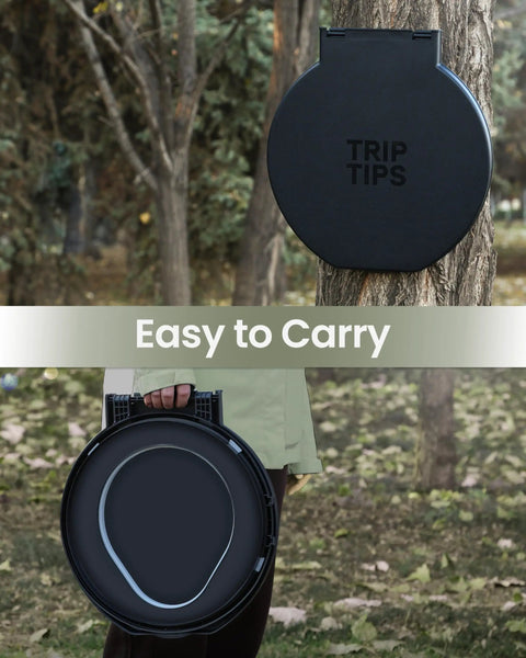 Total Game Changer Camp Toilet Seat With Ultra Plush Cushion And Secure Swivel Lid Fits Standard 5 Gallon Bucket Comes Fully Equipped With Sturdy Tp Rack For Trail Adventures And Weekend Retreats, shown in hand for portability.