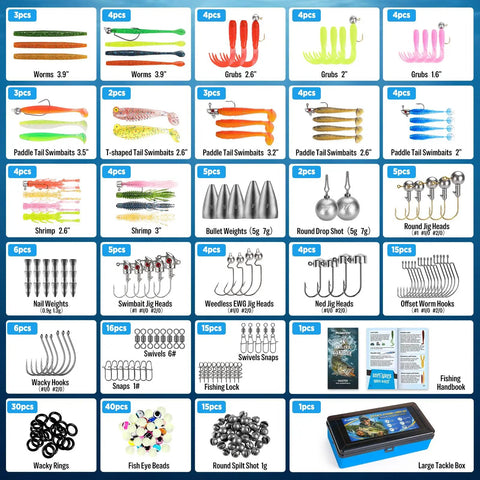Beast All In One Bass Lures Tackle Kit with 211 Pieces including soft baits, jig heads, hooks, weights, tackle box, freshwater fishing.