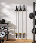 Ultimate Space Saving Barbell Wall Mount Rack For Garage And Home Gym, Vertical Steel Bar Holder With Powder Coat, Holds Under 33Mm Bars, installed on wall holding barbells