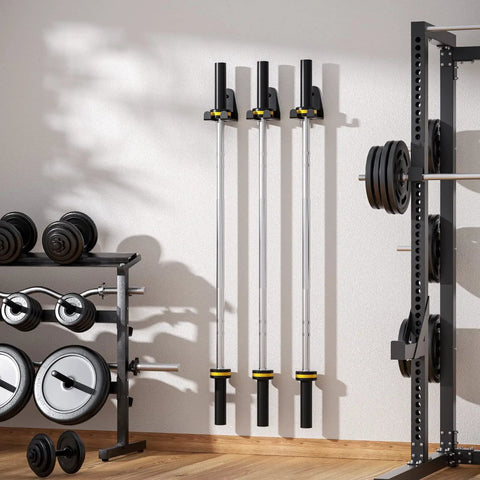Ultimate Space Saving Barbell Wall Mount Rack For Garage And Home Gym, Vertical Steel Bar Holder With Powder Coat, Holds Under 33Mm Bars, installed on wall holding barbells