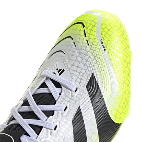 Close-up of Predator League Soccer Cleats For Unisex On Firm Ground And Multi Ground showing white black lucid lemon design, size 4.5