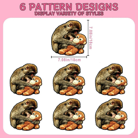 6 designs of Monkey And Mother Animal Lover DTF Transfers Set 6 Pack with cuddling monkeys, 7x7 inch size heat transfer stickers