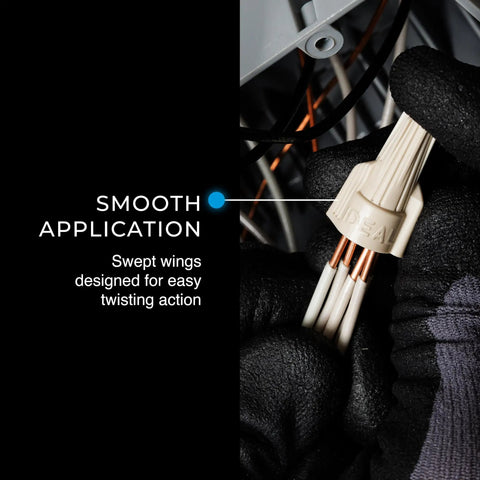 No Sweat Twist On Wire Connectors For 22 To 8 Awg Bag Of 100 shown in use, featuring swept wings for smooth twisting.