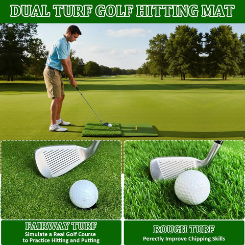Man using Dual Turf Golf Practice Mat For Indoor And Outdoor Use High Elasticity Artificial Turf Surface, fairway and rough simulation
