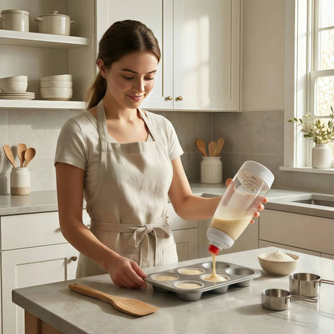Woman using Two Pack Pancake Batter Dispenser Bottles, 1000ml Capacity, Mess Free Pouring For Pancakes, Muffins, Cupcakes And More in kitchen