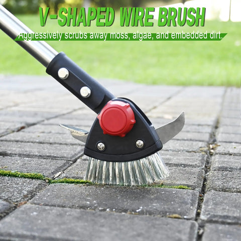 Long Reach 3 In 1 Weeding Tool With Adjustable Crevice Cleaners shown with stainless steel weed brush on stone patio