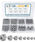 SAE Lock Nuts Assortment Kit 136-Piece Nylock Locknut Set In Inch Sizes Ranging From 6-32 Through 1/2-13, 304 Stainless Steel