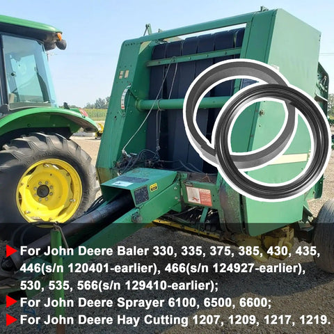 Round Baler Tension Gate Cylinder Seal Kit for John Deere Balers and Sprayers, shown with green baler and tractor in field