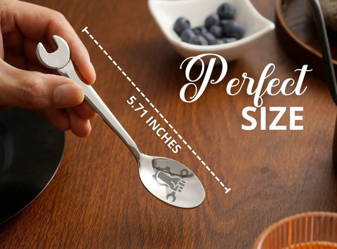 Close-up of hand holding 5.71-inch spoon with wrench handle, part of Engineer Gifts Spoon Set For Men, Ideal Mechanical Engineer Gift For Builders.