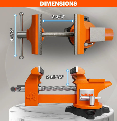 Four And A Half Inch Bench Vise With 240 Degree Swivel Base And Anvil, shows dimensions of jaw and throat, heavy-duty cast iron.