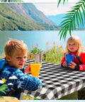 Outdoor Picnic Table Cover Set With Bench Covers 3 Piece Waterproof Vinyl Fitted Tablecloth Black And White Checkered Design in use.