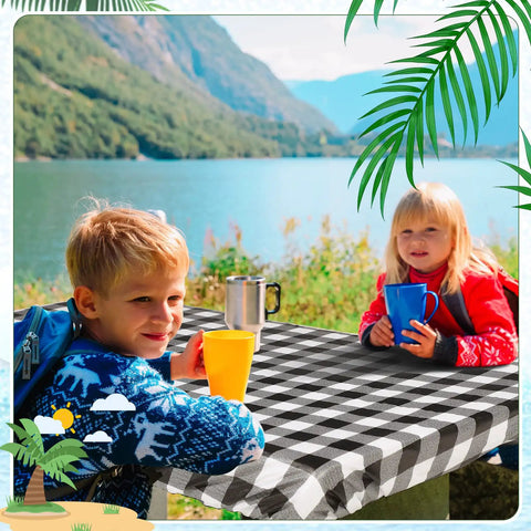 Outdoor Picnic Table Cover Set With Bench Covers 3 Piece Waterproof Vinyl Fitted Tablecloth Black And White Checkered Design in use.