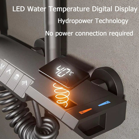 CUTPOIY Thermostatic Shower System, LED display shows 40°C with controls for temperature adjustment, hydropower technology featured.
