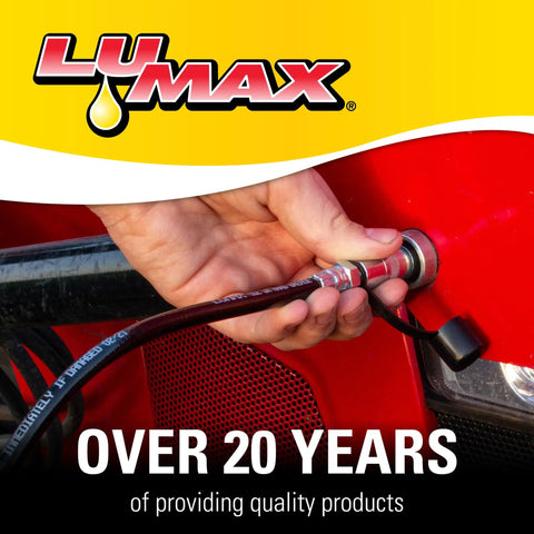 Person using Heavy Duty Lever Grease Gun With 18 Inch Flex Hose And Coupler 7000 PSI High Pressure on red machinery.