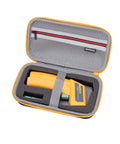 Front view of open yellow RLSOCO hard case for infrared thermometer; gray foam interior with orange thermometer.
