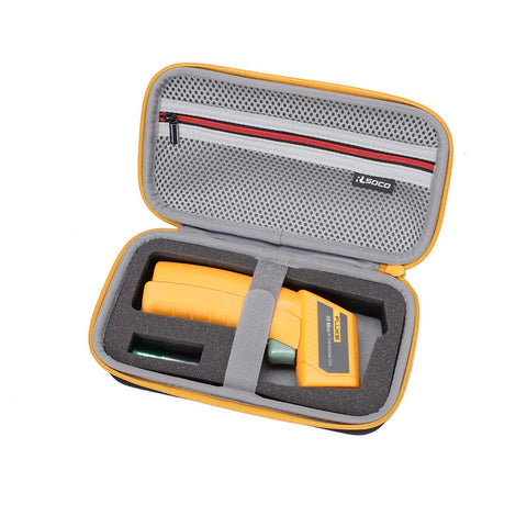 Front view of open yellow RLSOCO hard case for infrared thermometer; gray foam interior with orange thermometer.