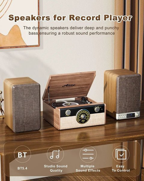 60W Powered Bookshelf Speakers For Vinyl Turntable And Computer, Plug And Play All In One Active Turntable Speakers With 3.5 Inch Woofer, AUX RCA Bluetooth Inputs, No Extra Amp Needed For Vinyl PC Phone Desk next to a record player on a wooden shelf.
