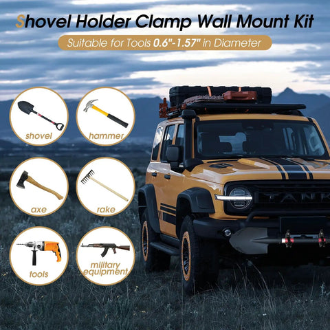 Shovel Mount For Roof Rack And Truck Bed Off Road Shovel Holder With Eight Piece Quick Fist Clamp Kit Fits 0.67 To 1.57 Inch Diameter Tools Black For Tough Use On Trails on SUV