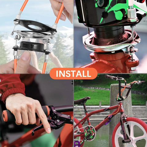 Gyro Brake Cables Kit For 20 Inch Bikes installation images showing orange housing, spinner rotors, and use on BMX bike handlebars.