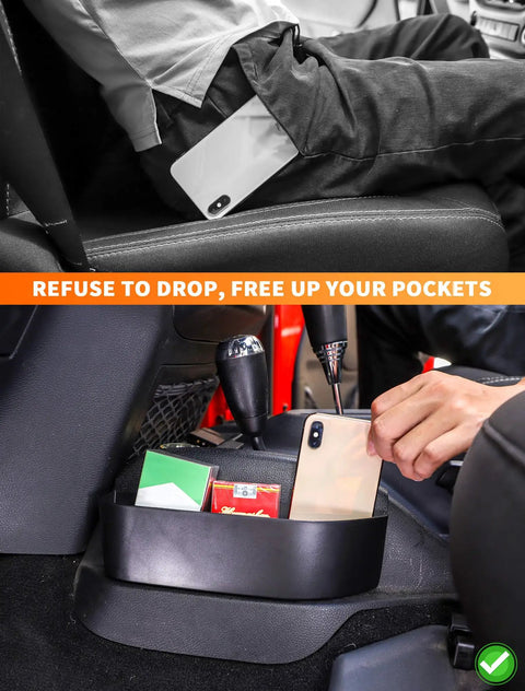 Close-up of Shifter Console Storage Box For Jeep Wrangler JK JKU 2011 To 2018 Gear Tray Organizer with phone and cards inside