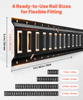 Diagram showing E Track Tie Down Rail Kit 36 Piece Set With Four Rails Sizes 1 2 4 5 Feet, includes measurements and slot count.