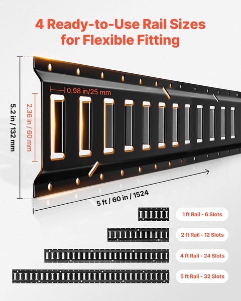 Diagram showing E Track Tie Down Rail Kit 36 Piece Set With Four Rails Sizes 1 2 4 5 Feet, includes measurements and slot count.