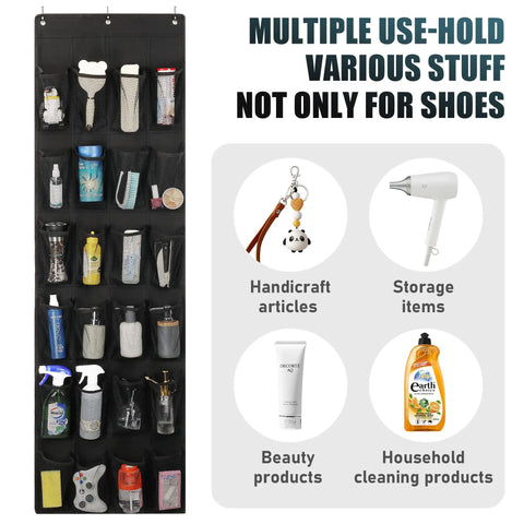 Heavy Duty Over The Door Shoe Organizer With 24 Spacious Pockets And Reinforced Seams For Closet Storage Holds Up To 40 Pounds filled with various items.